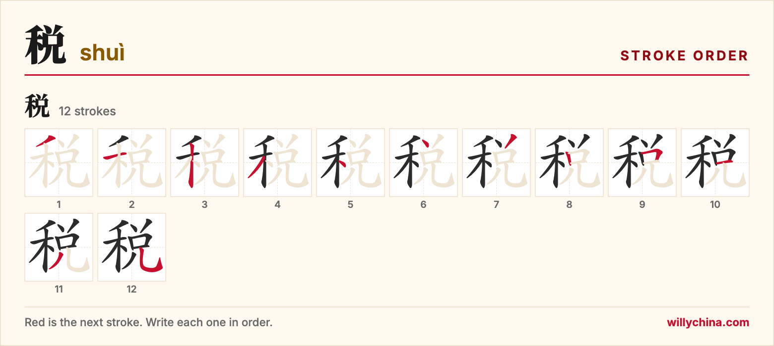税 (shuì) stroke order chart: each stroke of the character in the order you write it