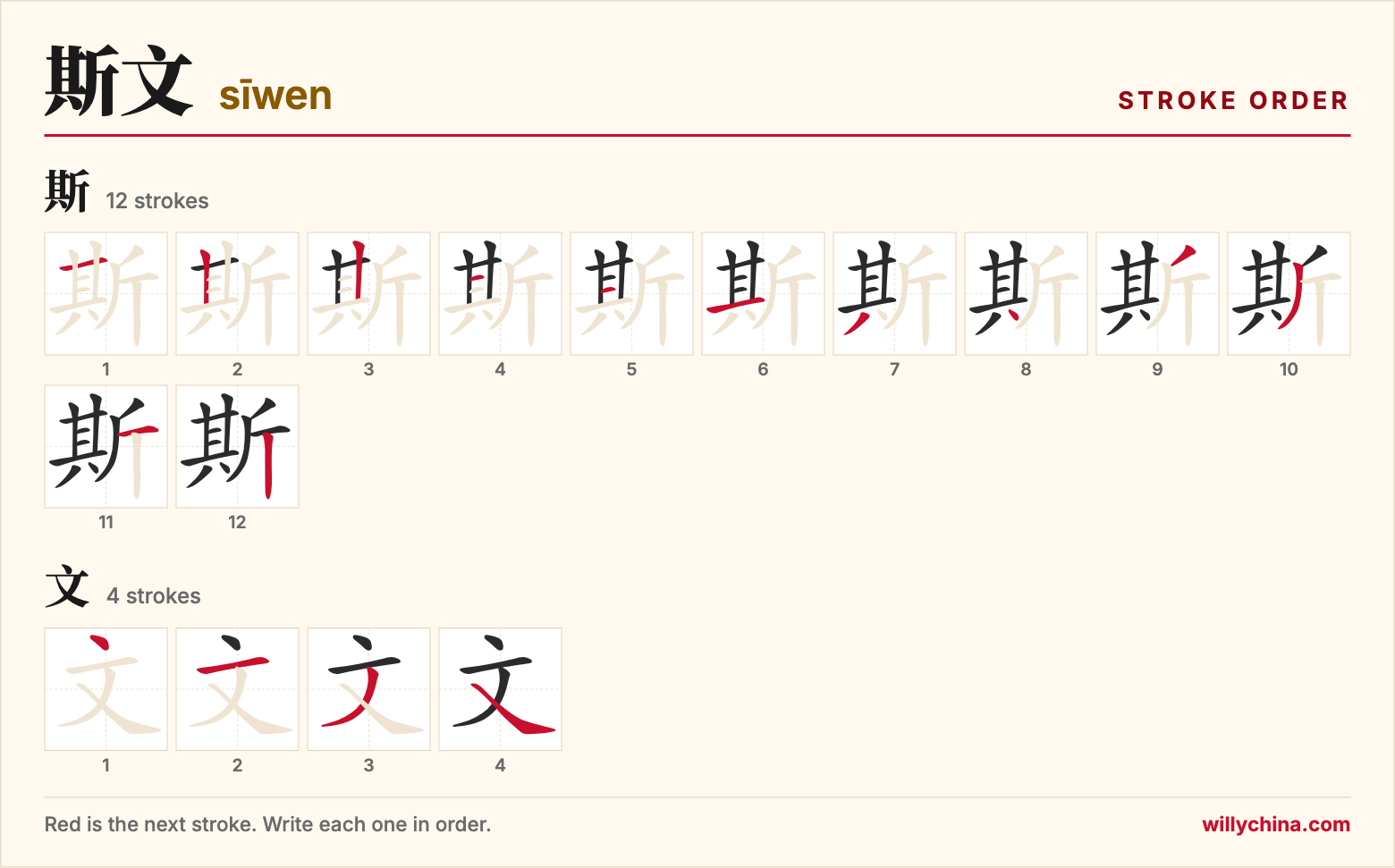 斯文 (sīwen) stroke order chart: each stroke of the characters in the order you write them