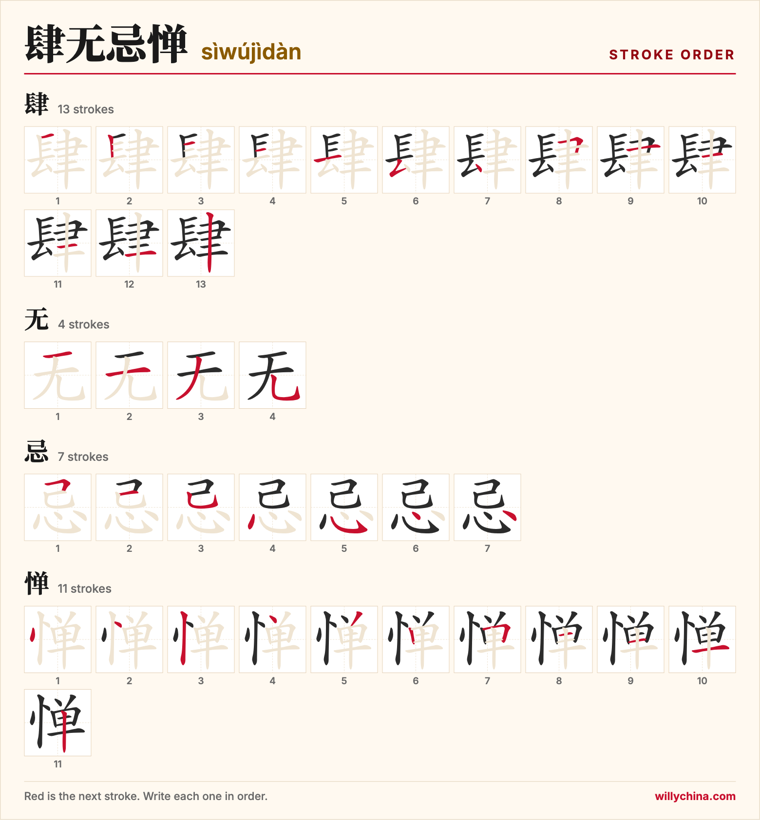 肆无忌惮 (sìwújìdàn) stroke order chart: each stroke of the characters in the order you write them
