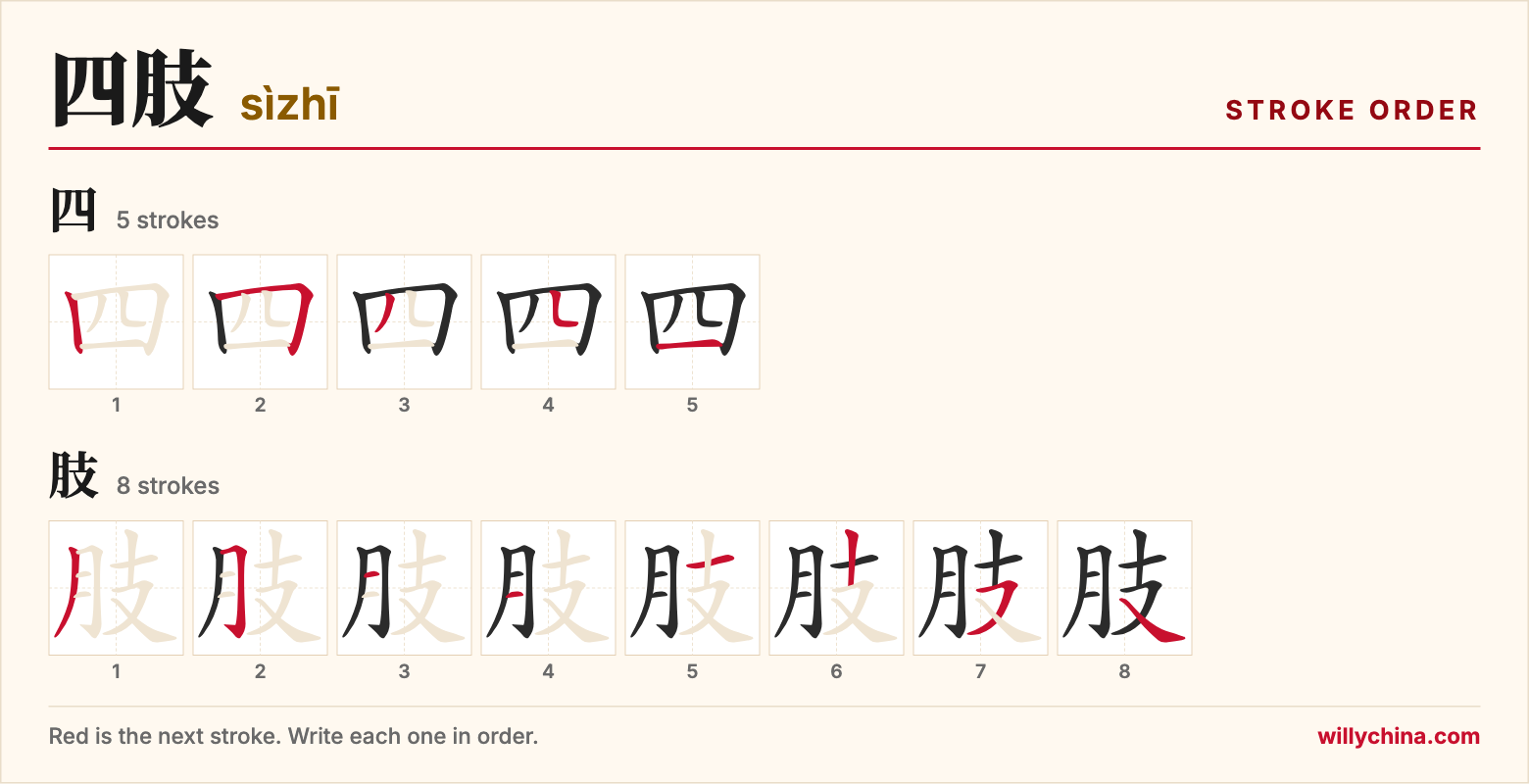 四肢 (sìzhī) stroke order chart: each stroke of the characters in the order you write them