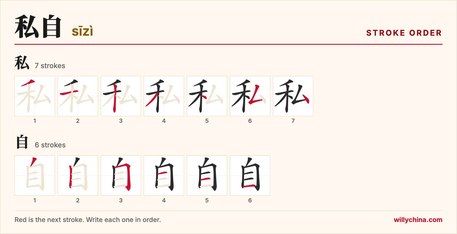 私自 (sīzì) stroke order chart: each stroke of the characters in the order you write them