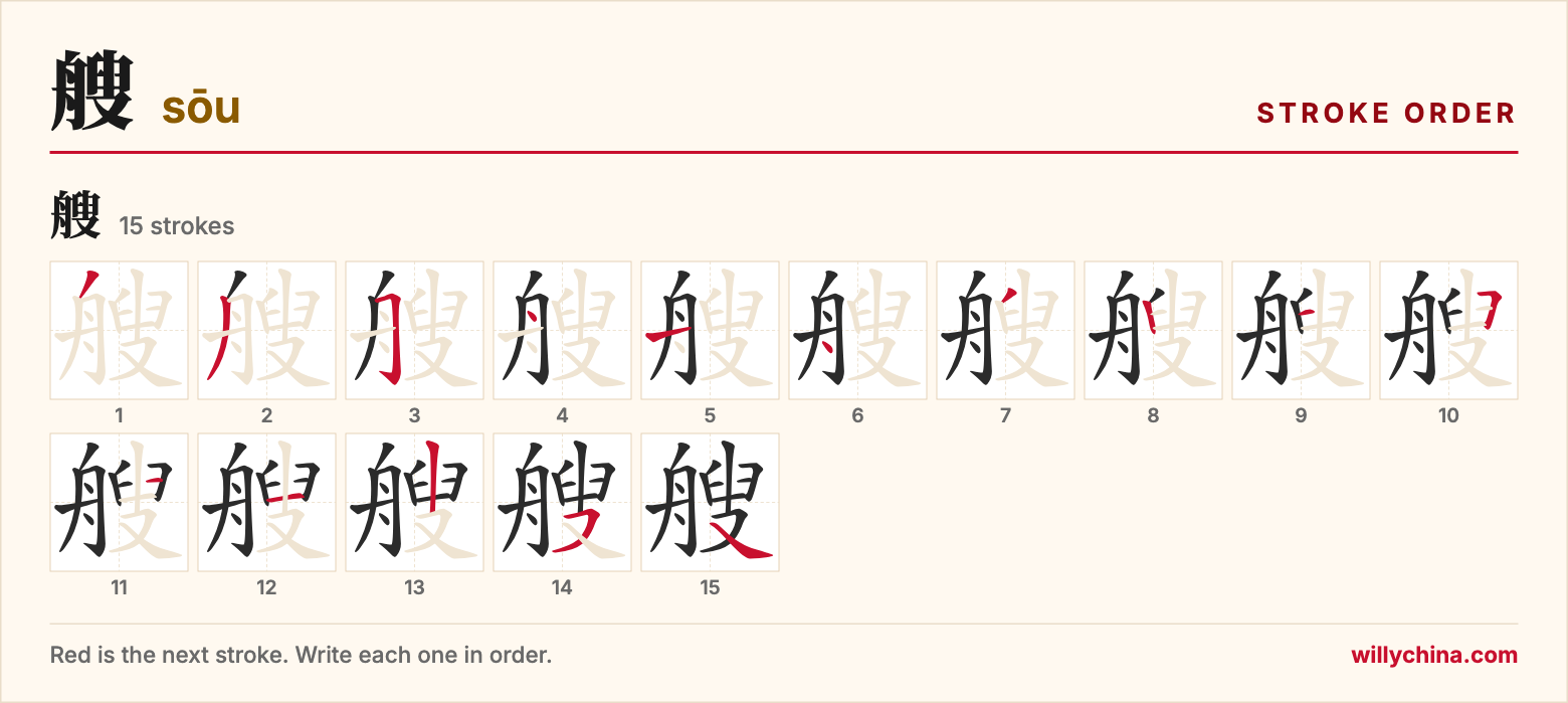 艘 (sōu) stroke order chart: each stroke of the character in the order you write it
