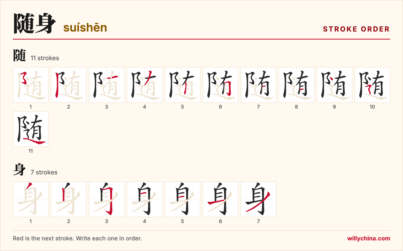 随身 (suíshēn) stroke order chart: each stroke of the characters in the order you write them