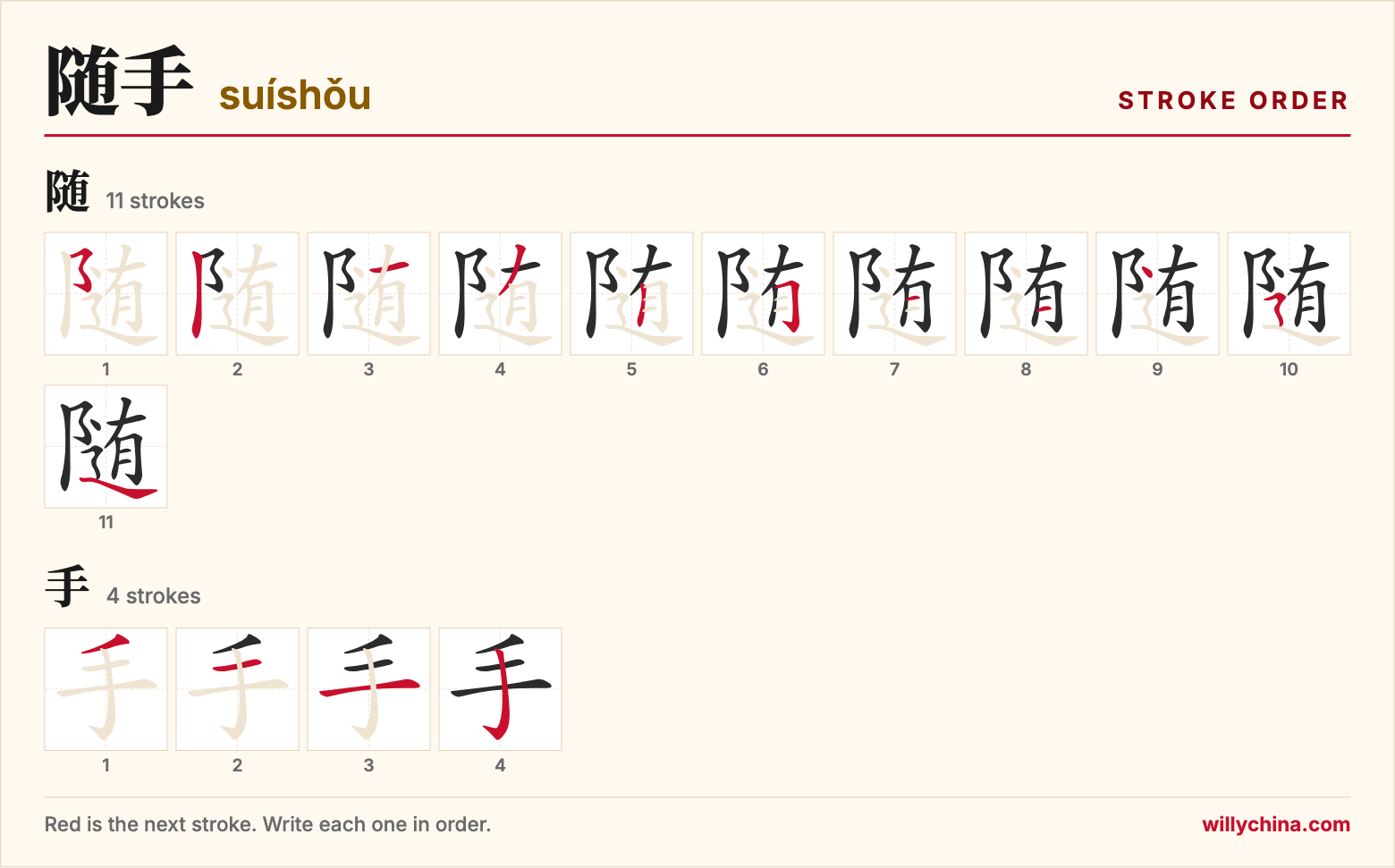 随手 (suíshǒu) stroke order chart: each stroke of the characters in the order you write them