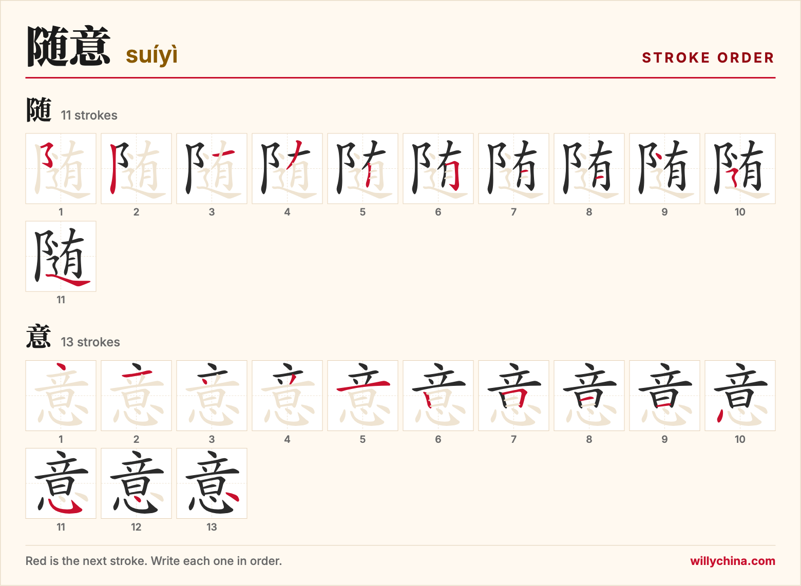 随意 (suíyì) stroke order chart: each stroke of the characters in the order you write them
