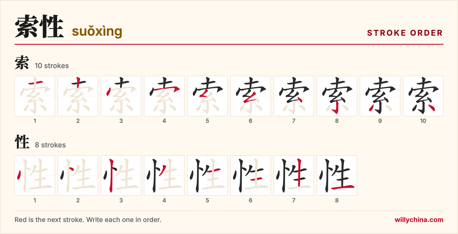 索性 (suǒxìng) stroke order chart: each stroke of the characters in the order you write them