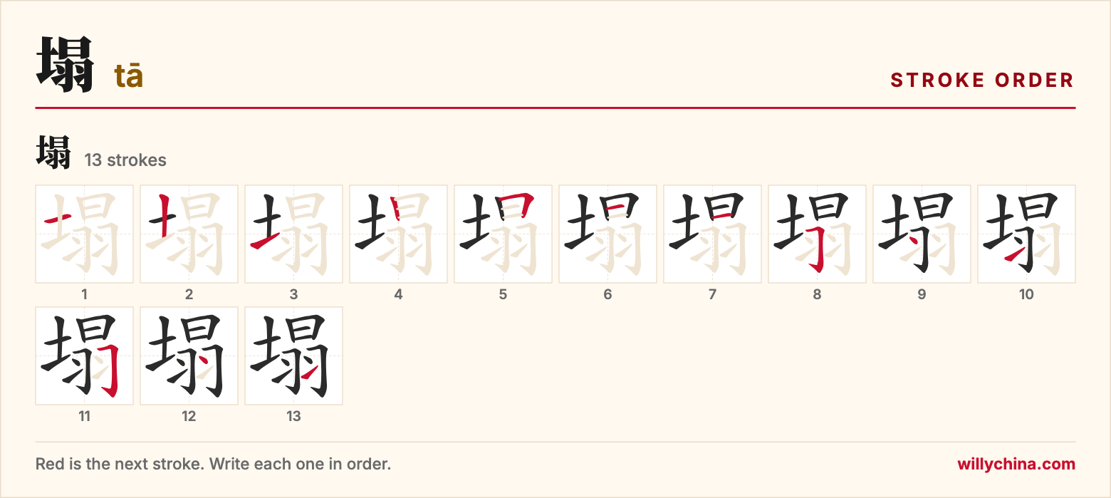 塌 (tā) stroke order chart: each stroke of the character in the order you write it