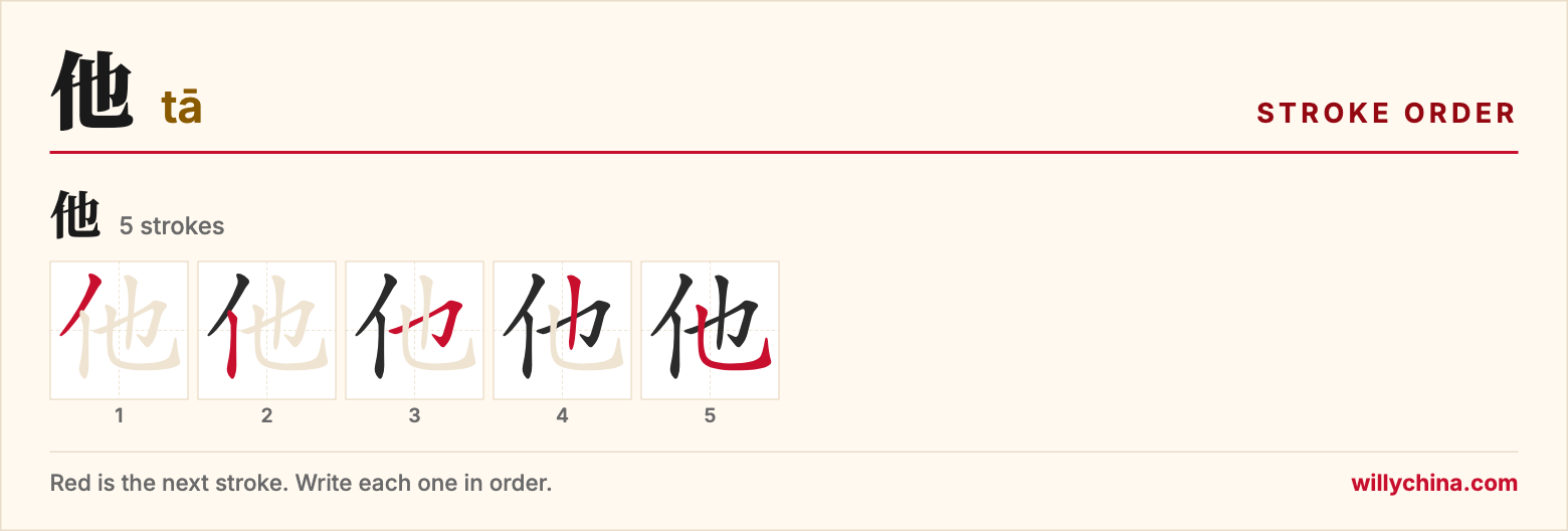 他 (tā) stroke order chart: each stroke of the character in the order you write it