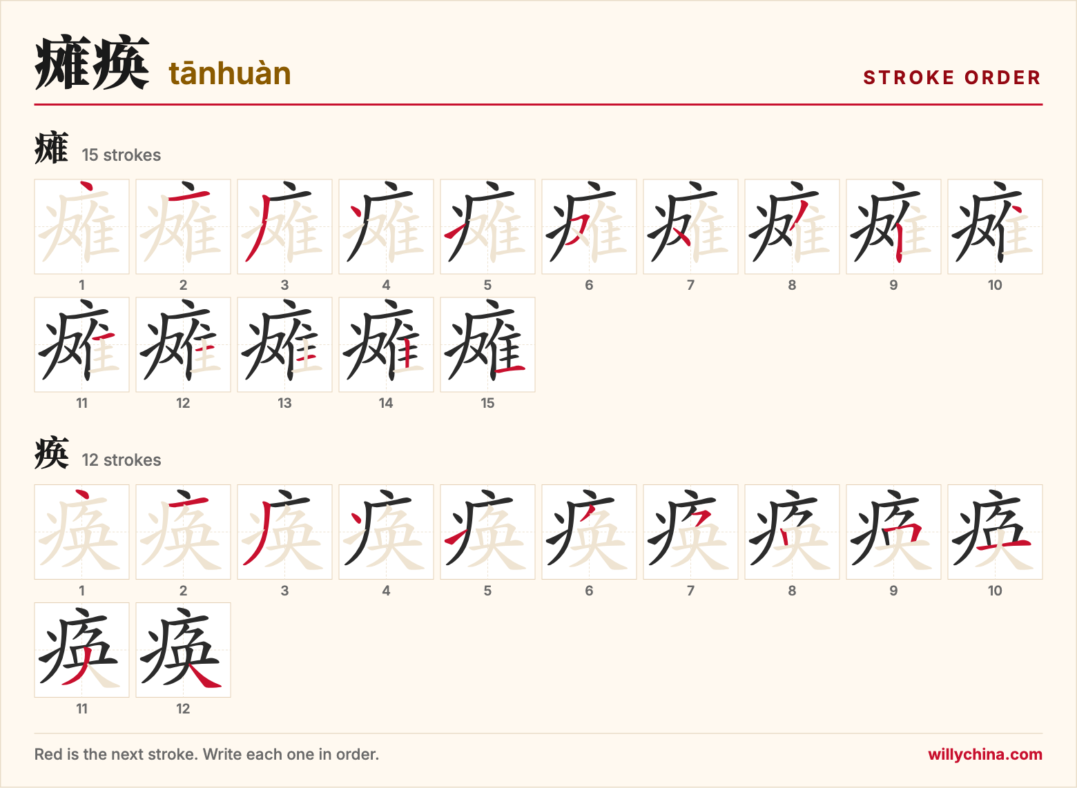 瘫痪 (tānhuàn) stroke order chart: each stroke of the characters in the order you write them