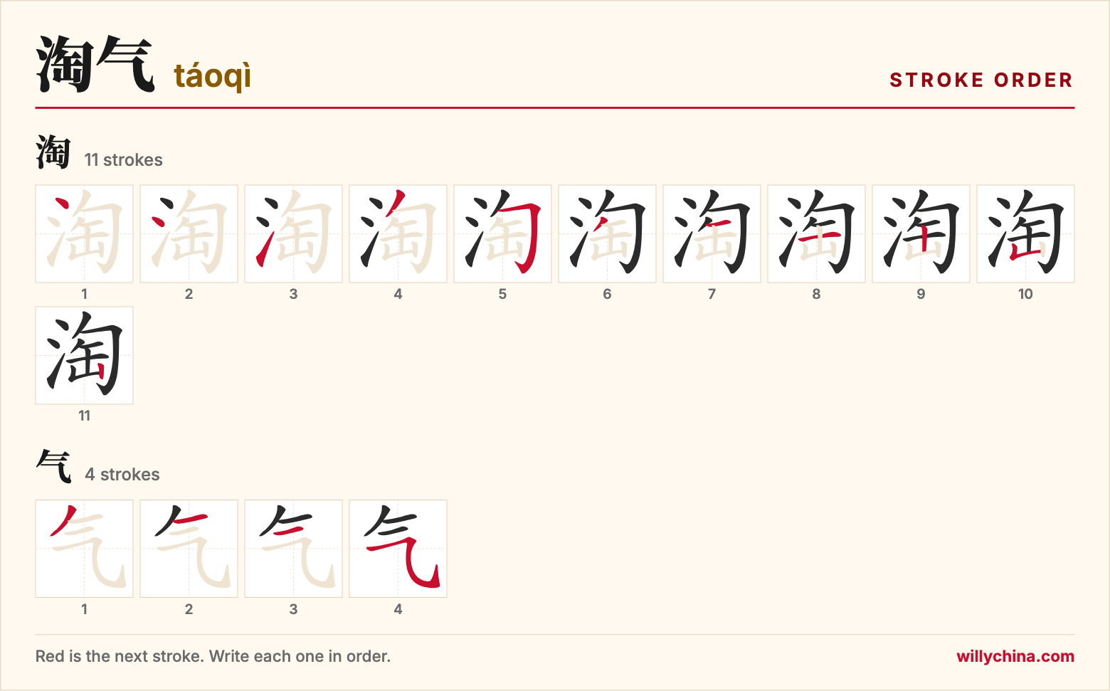 淘气 (táoqì) stroke order chart: each stroke of the characters in the order you write them