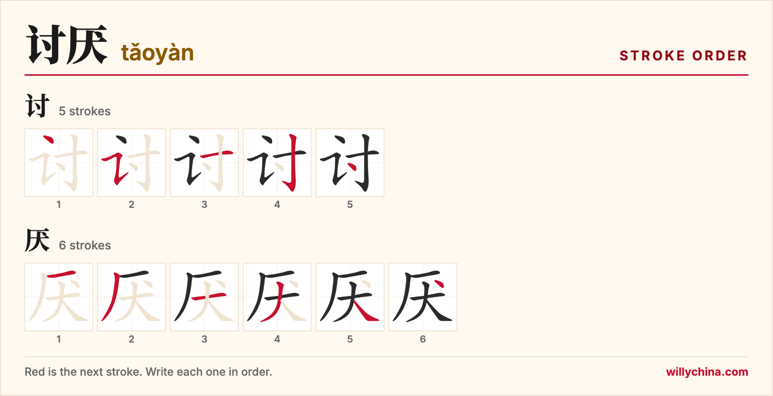 讨厌 (tǎoyàn) stroke order chart: each stroke of the characters in the order you write them