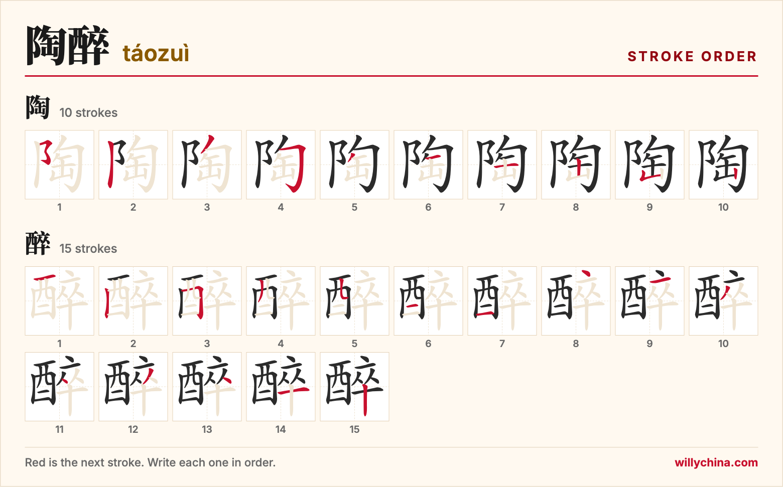 陶醉 (táozuì) stroke order chart: each stroke of the characters in the order you write them