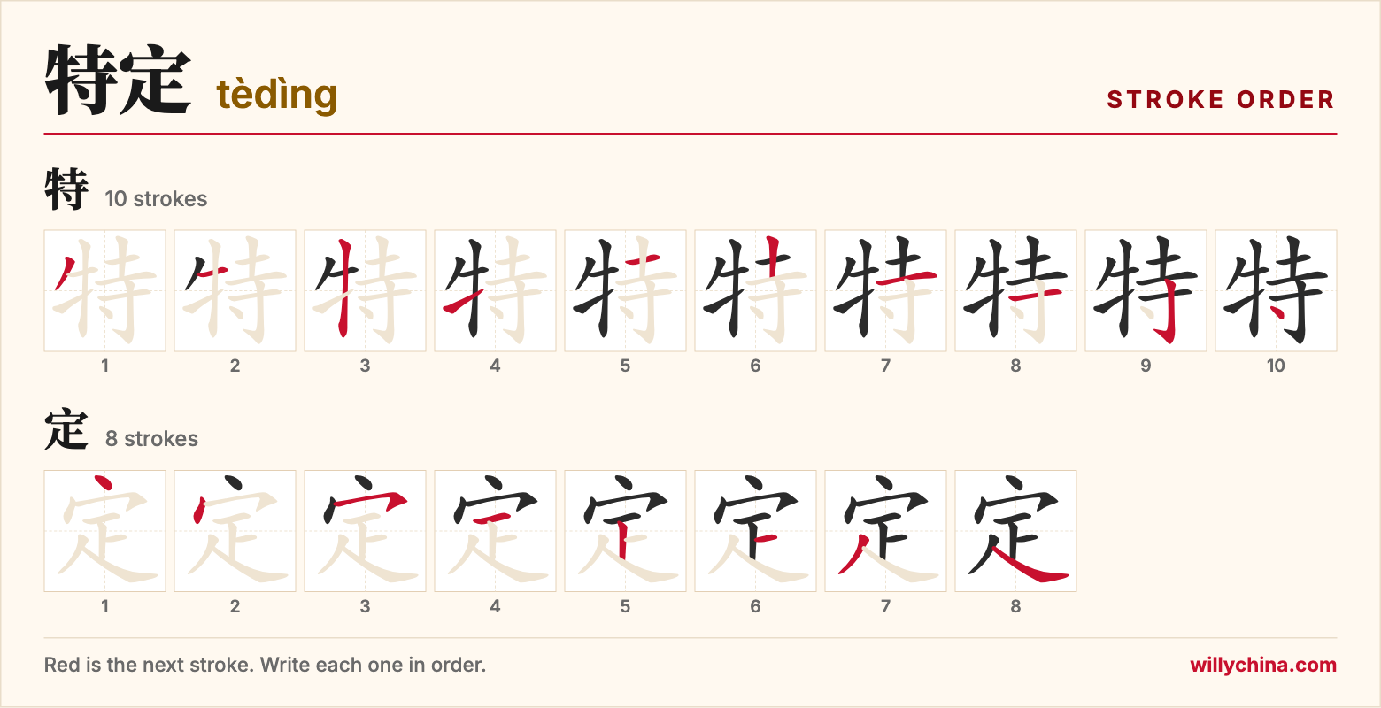 特定 (tèdìng) stroke order chart: each stroke of the characters in the order you write them