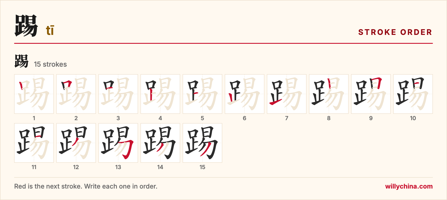 踢 (tī) stroke order chart: each stroke of the character in the order you write it