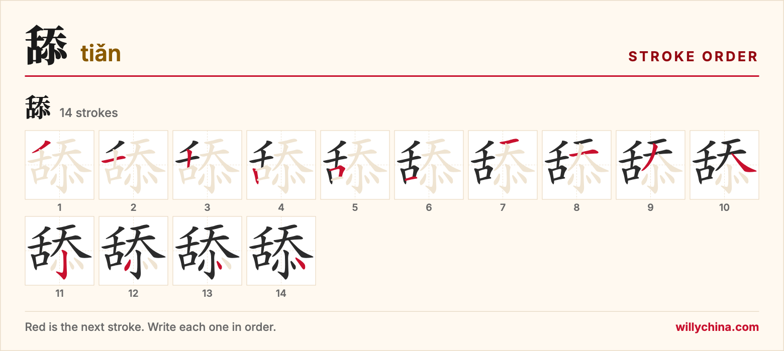 舔 (tiǎn) stroke order chart: each stroke of the character in the order you write it