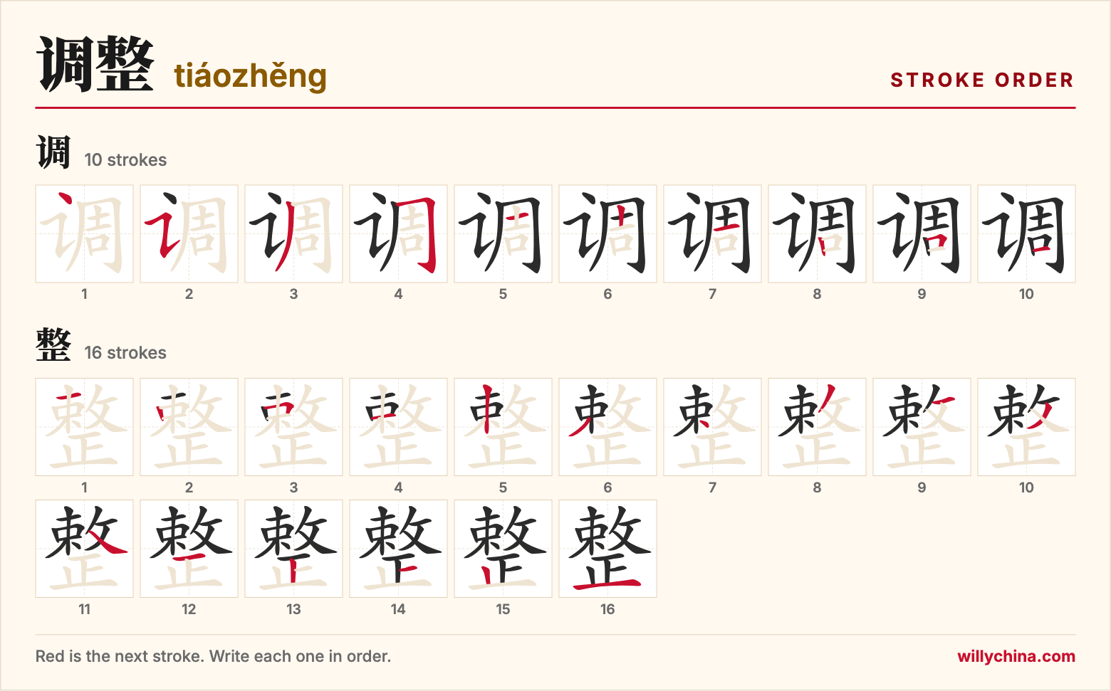 调整 (tiáozhěng) stroke order chart: each stroke of the characters in the order you write them