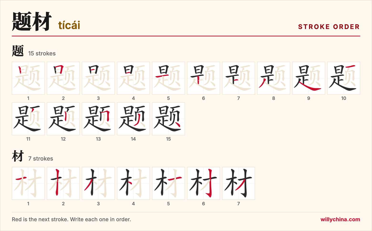 题材 (tícái) stroke order chart: each stroke of the characters in the order you write them