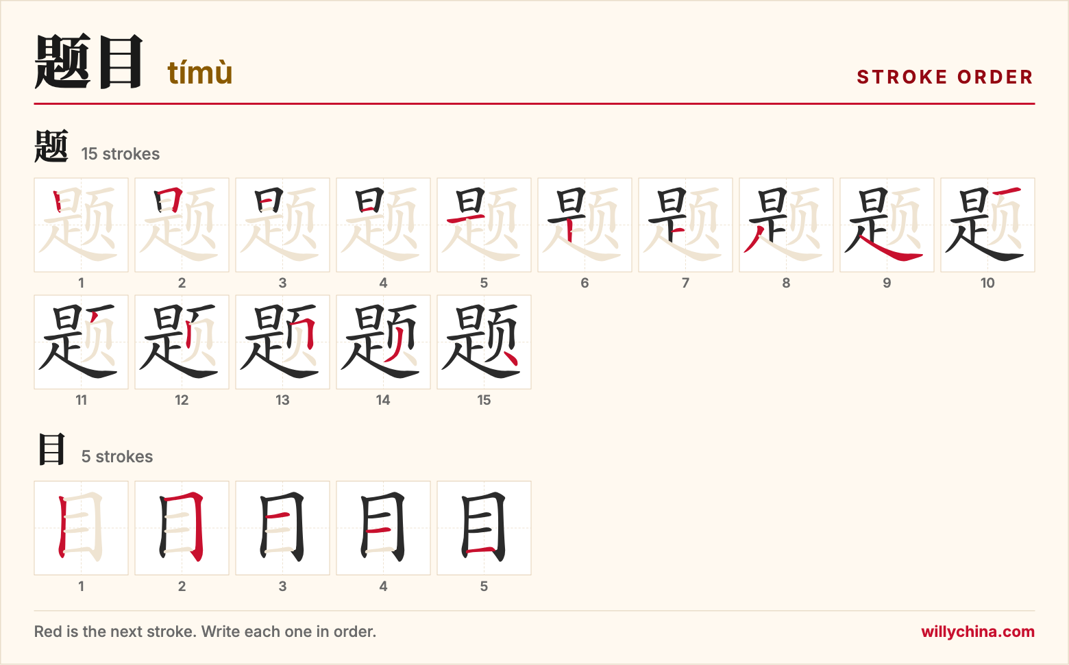 题目 (tímù) stroke order chart: each stroke of the characters in the order you write them