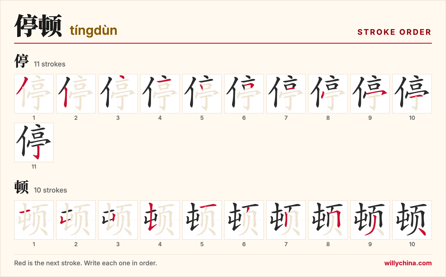 停顿 (tíngdùn) stroke order chart: each stroke of the characters in the order you write them