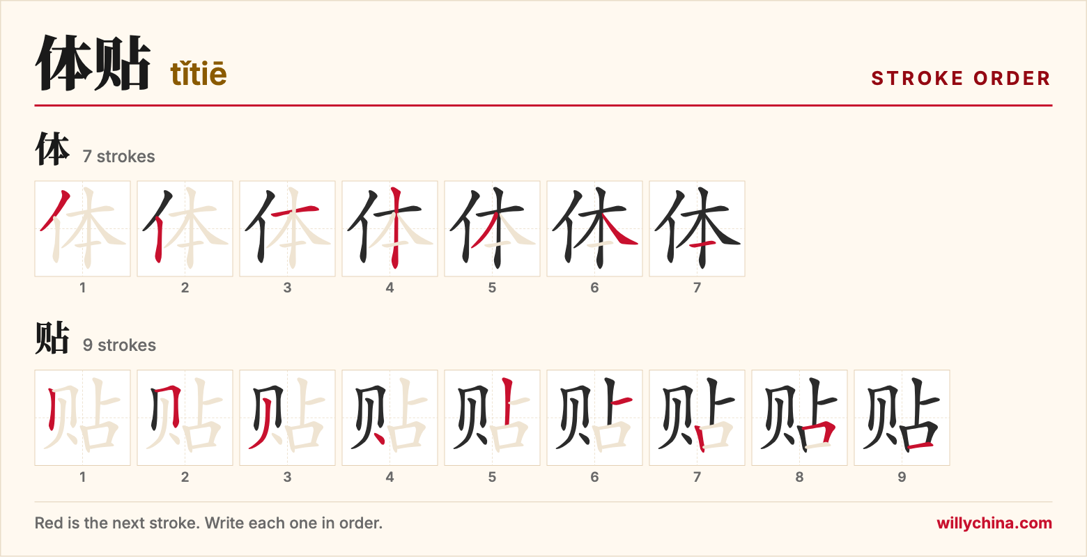 体贴 (tǐtiē) stroke order chart: each stroke of the characters in the order you write them