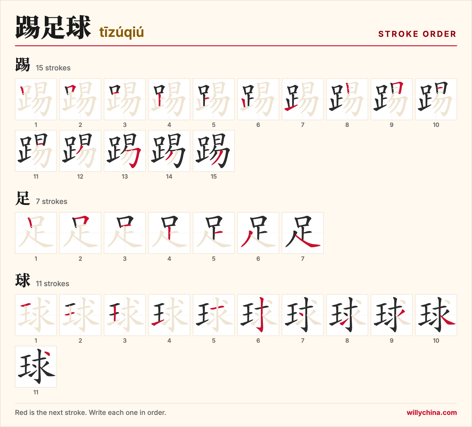 踢足球 (tīzúqiú) stroke order chart: each stroke of the characters in the order you write them