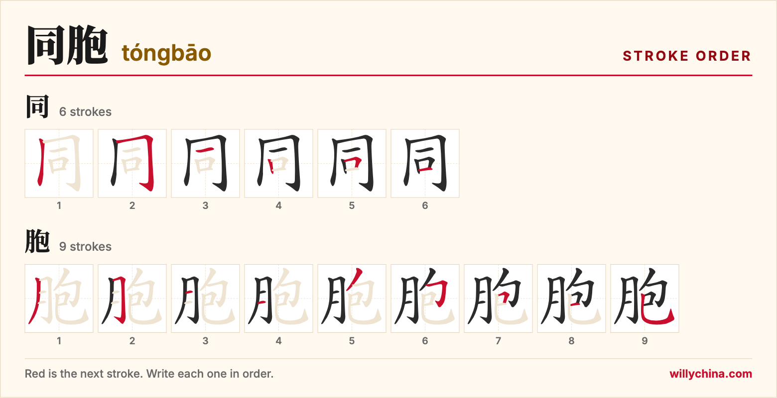 同胞 (tóngbāo) stroke order chart: each stroke of the characters in the order you write them