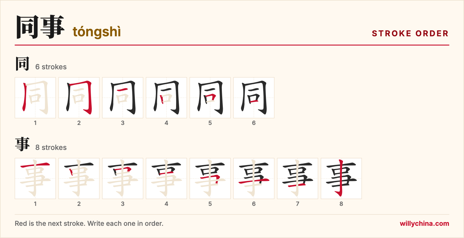 同事 (tóngshì) stroke order chart: each stroke of the characters in the order you write them