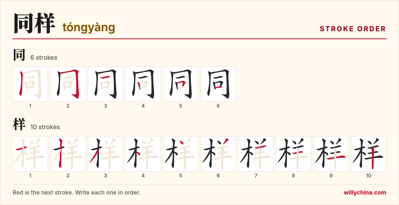 同样 (tóngyàng) stroke order chart: each stroke of the characters in the order you write them