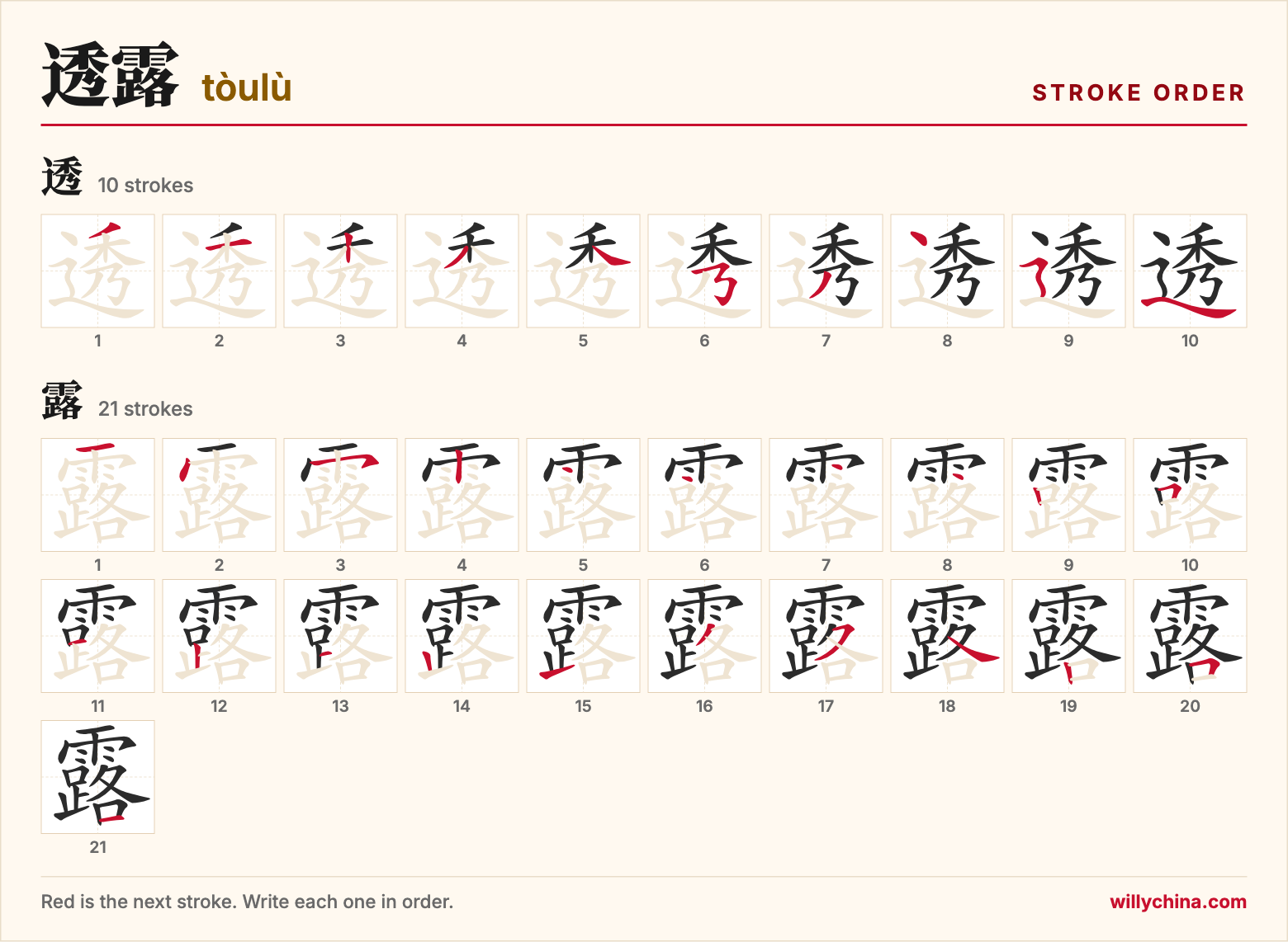 透露 (tòulù) stroke order chart: each stroke of the characters in the order you write them