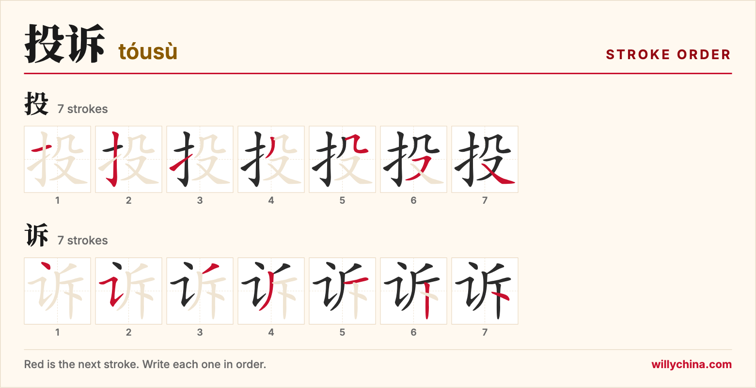 投诉 (tóusù) stroke order chart: each stroke of the characters in the order you write them