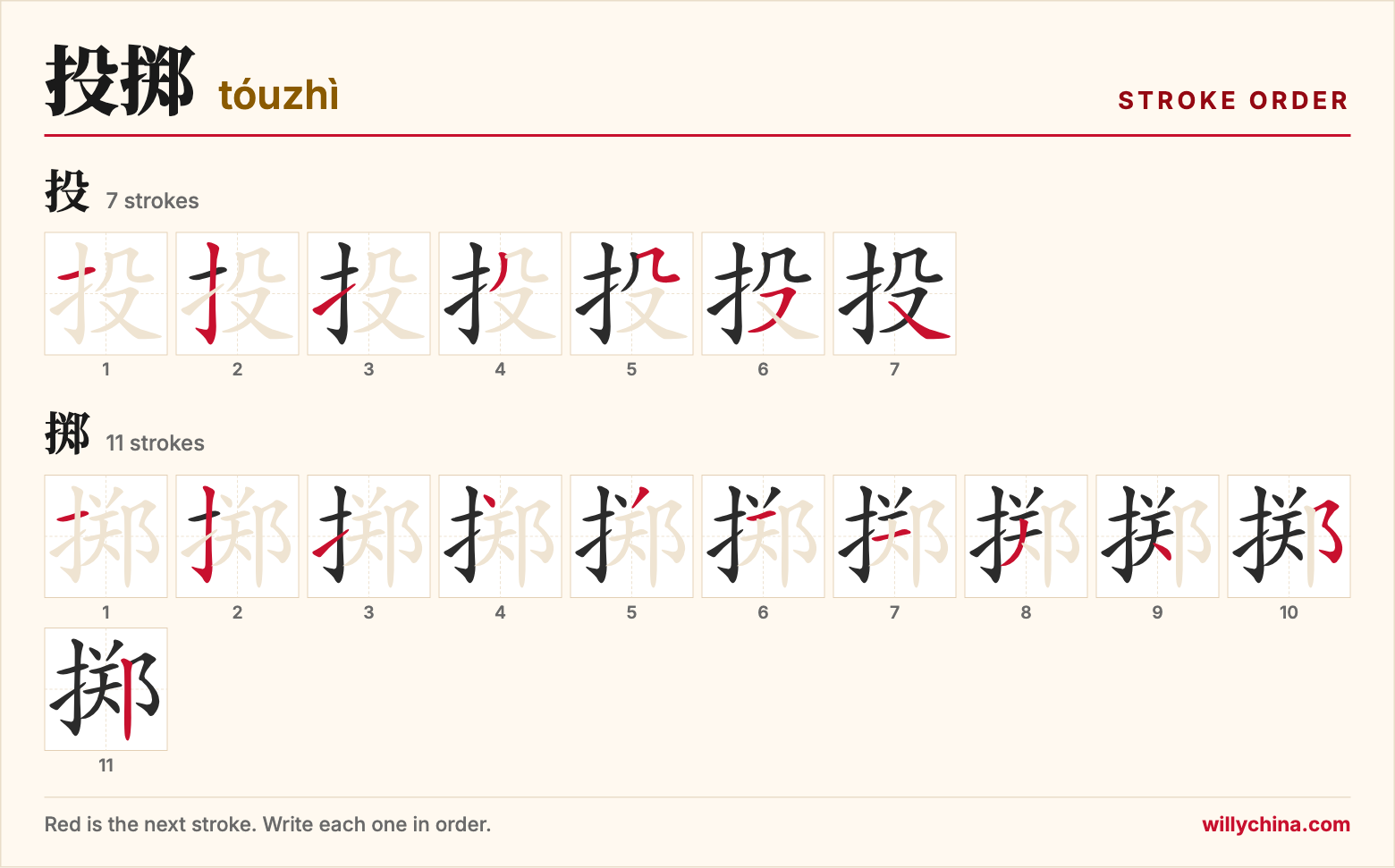 投掷 (tóuzhì) stroke order chart: each stroke of the characters in the order you write them