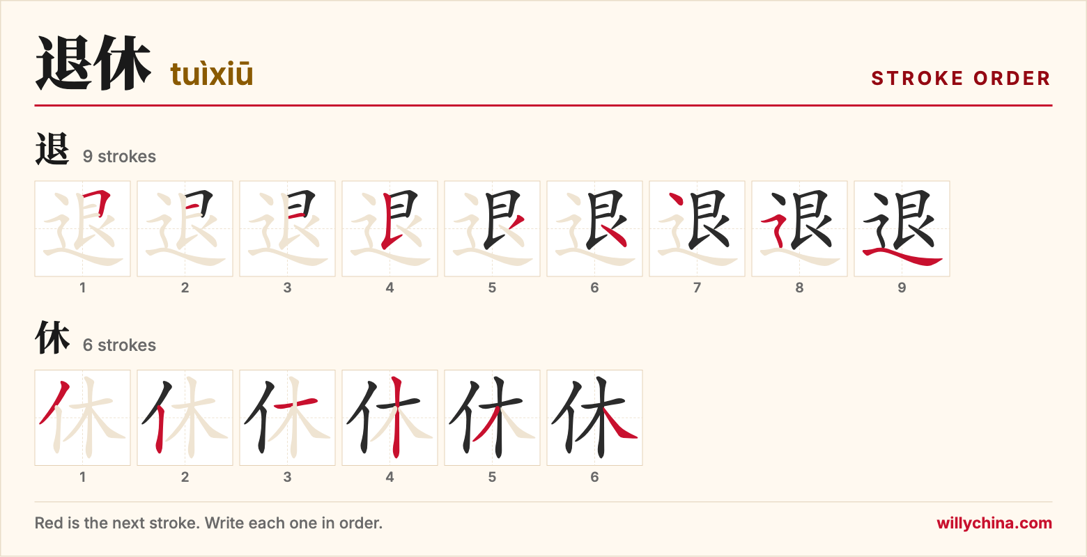 退休 (tuìxiū) stroke order chart: each stroke of the characters in the order you write them