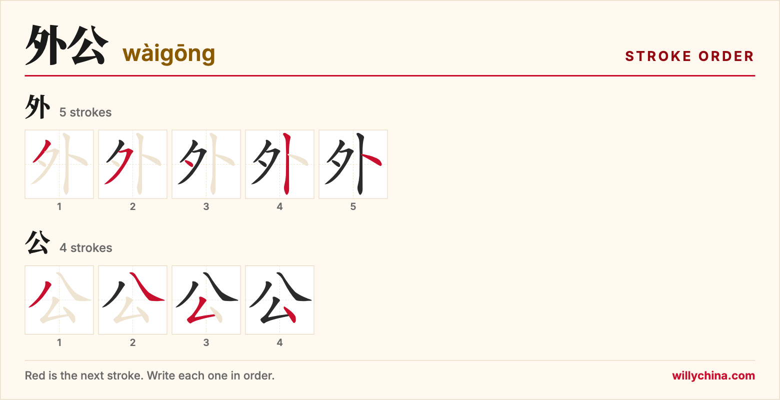 外公 (wàigōng) stroke order chart: each stroke of the characters in the order you write them