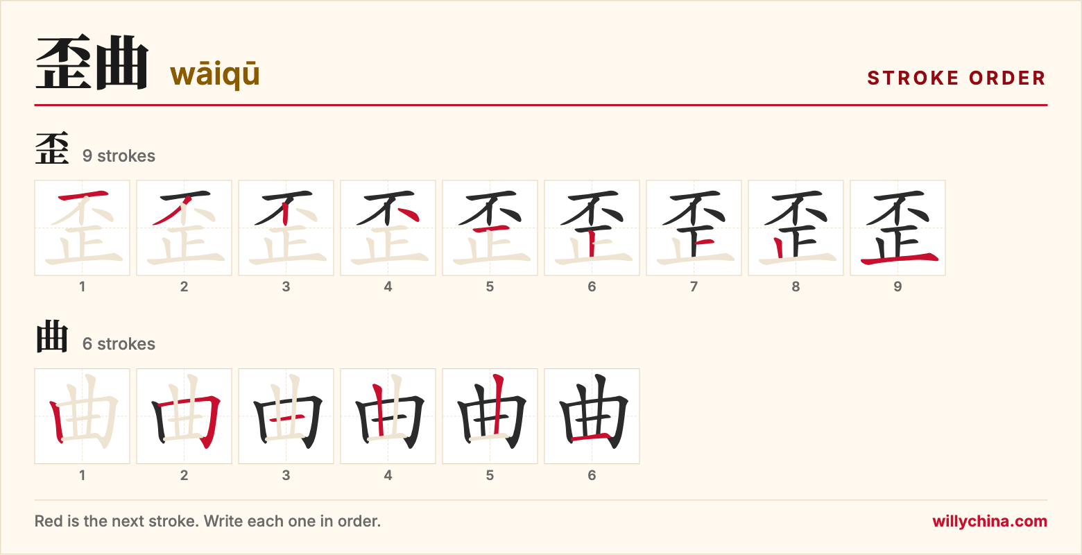 歪曲 (wāiqū) stroke order chart: each stroke of the characters in the order you write them