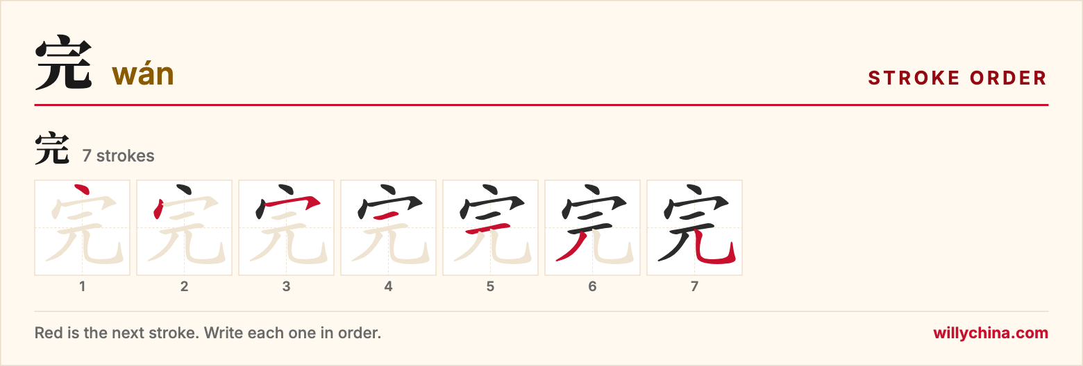 完 (wán) stroke order chart: each stroke of the character in the order you write it