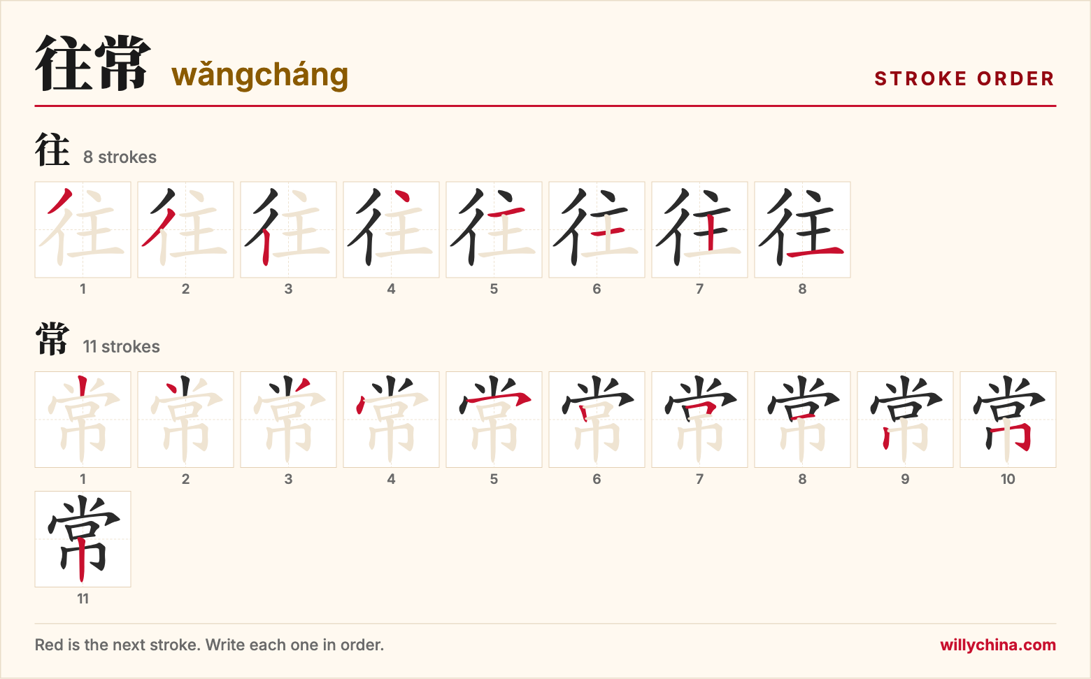 往常 (wǎngcháng) stroke order chart: each stroke of the characters in the order you write them