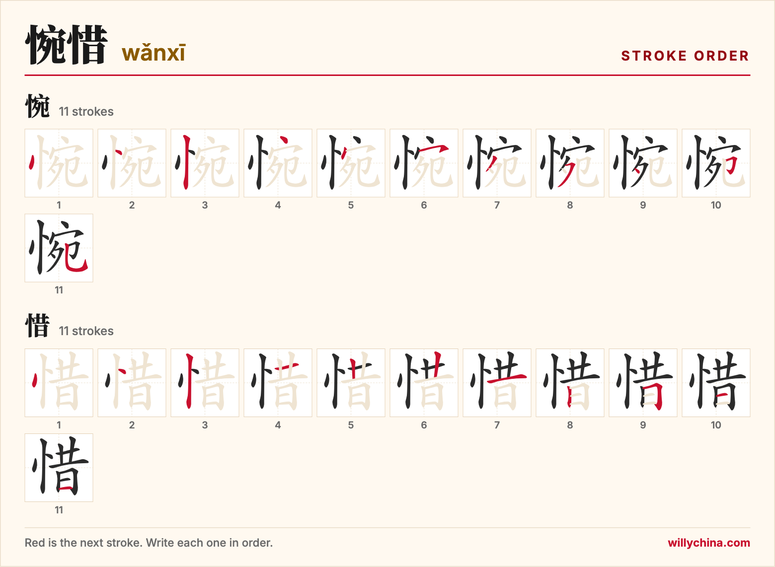 惋惜 (wǎnxī) stroke order chart: each stroke of the characters in the order you write them