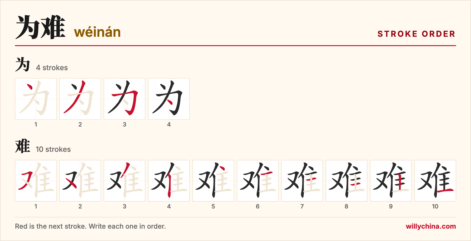 为难 (wéinán) stroke order chart: each stroke of the characters in the order you write them