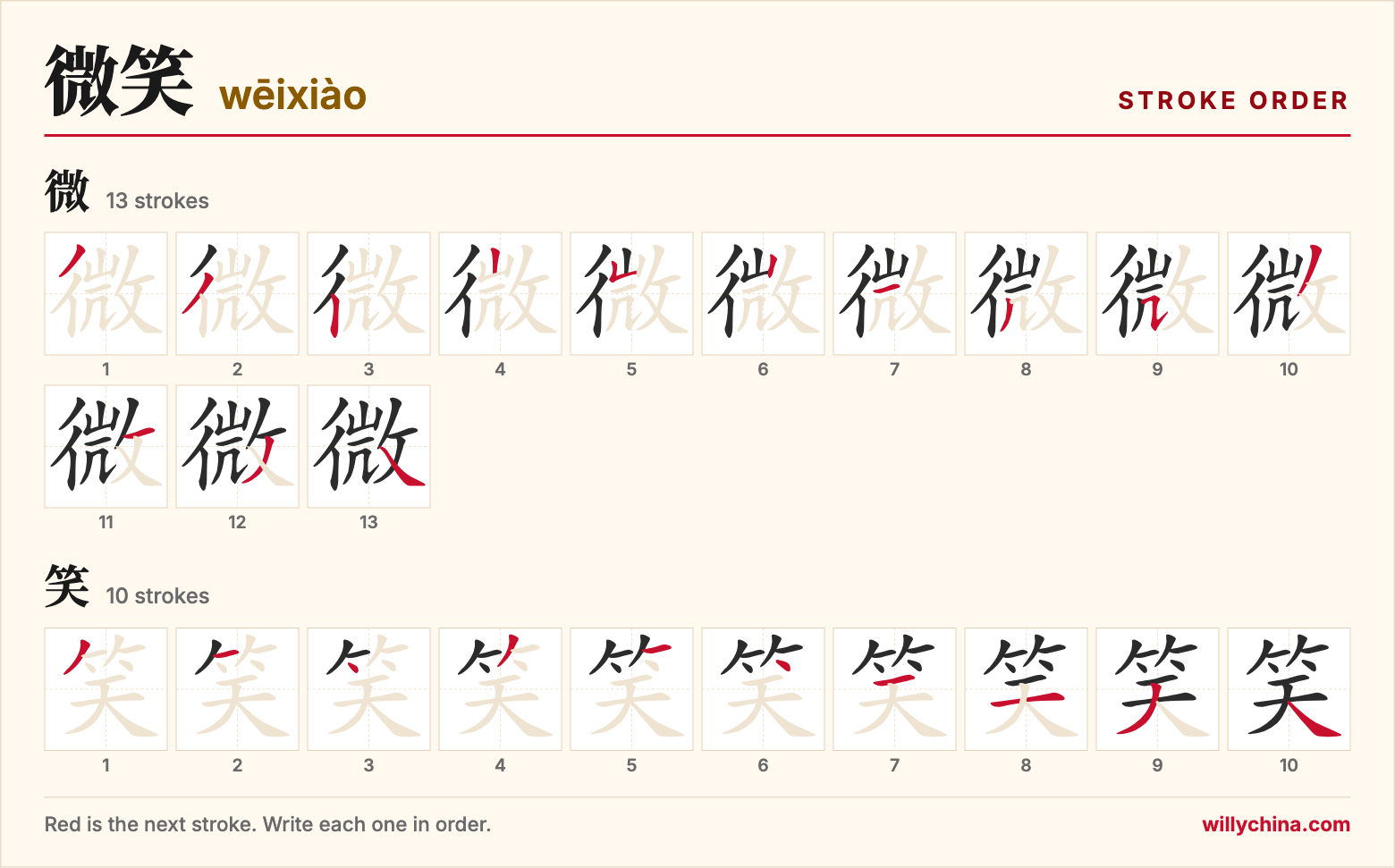 微笑 (wēixiào) stroke order chart: each stroke of the characters in the order you write them