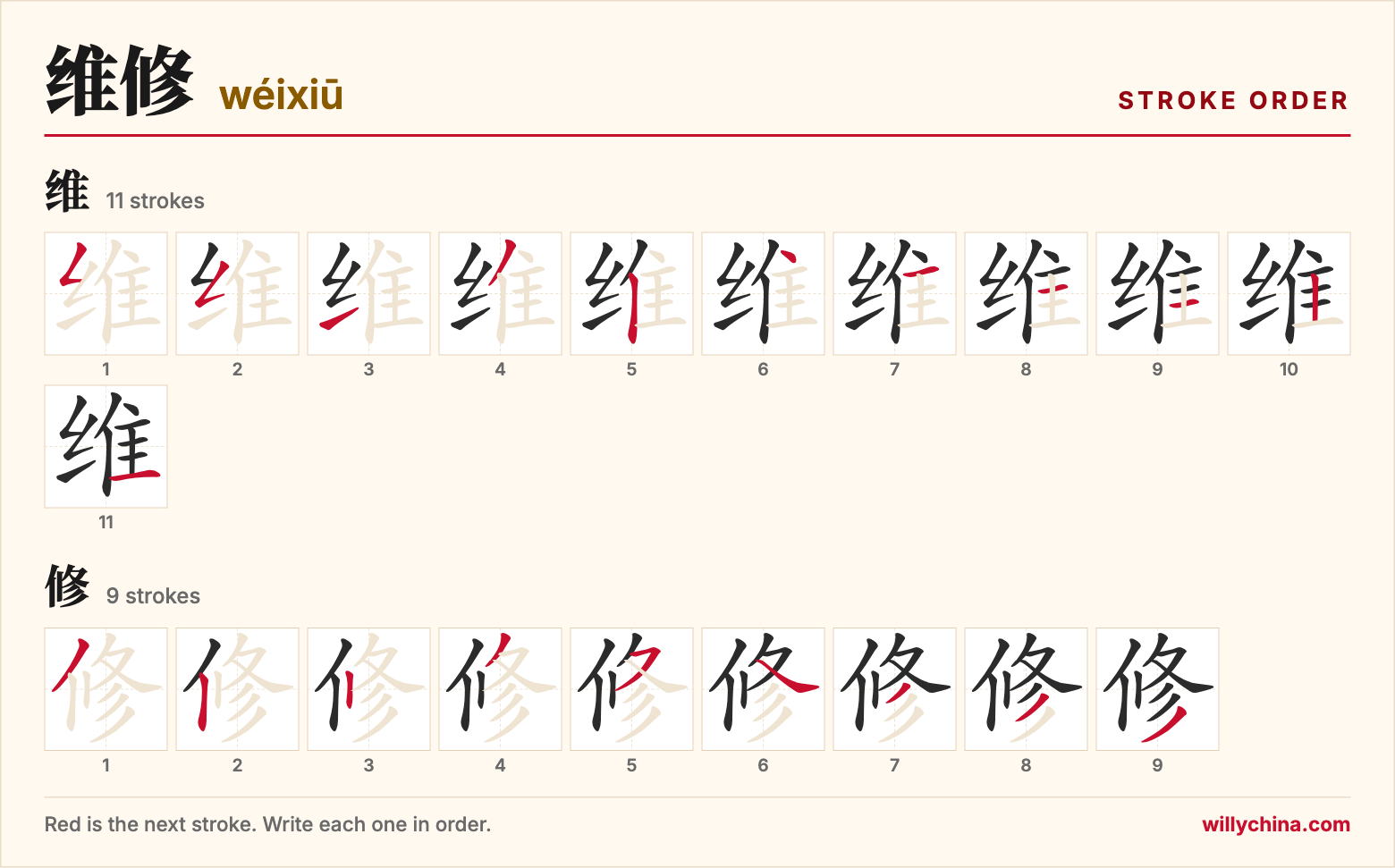 维修 (wéixiū) stroke order chart: each stroke of the characters in the order you write them