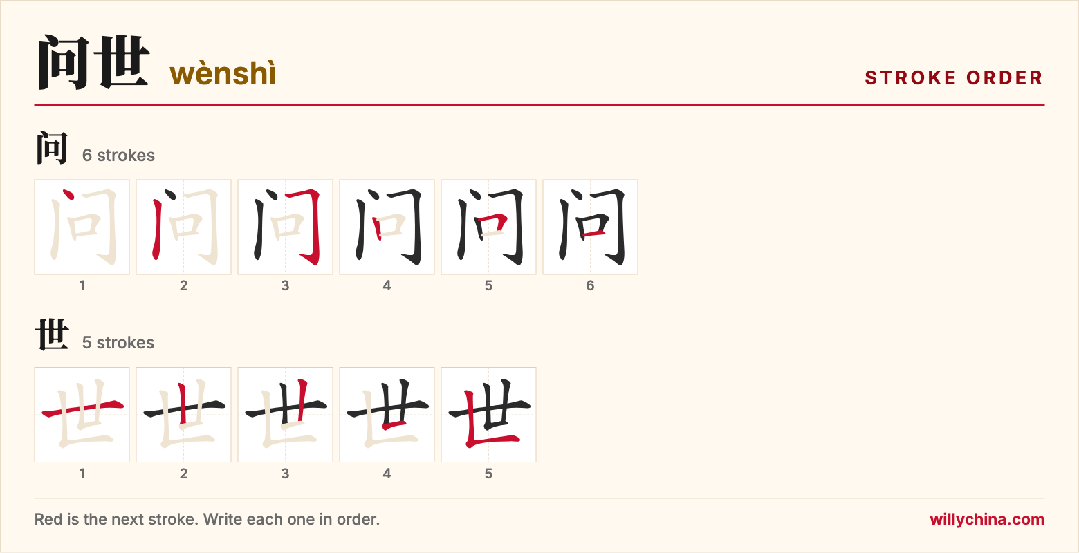 问世 (wènshì) stroke order chart: each stroke of the characters in the order you write them