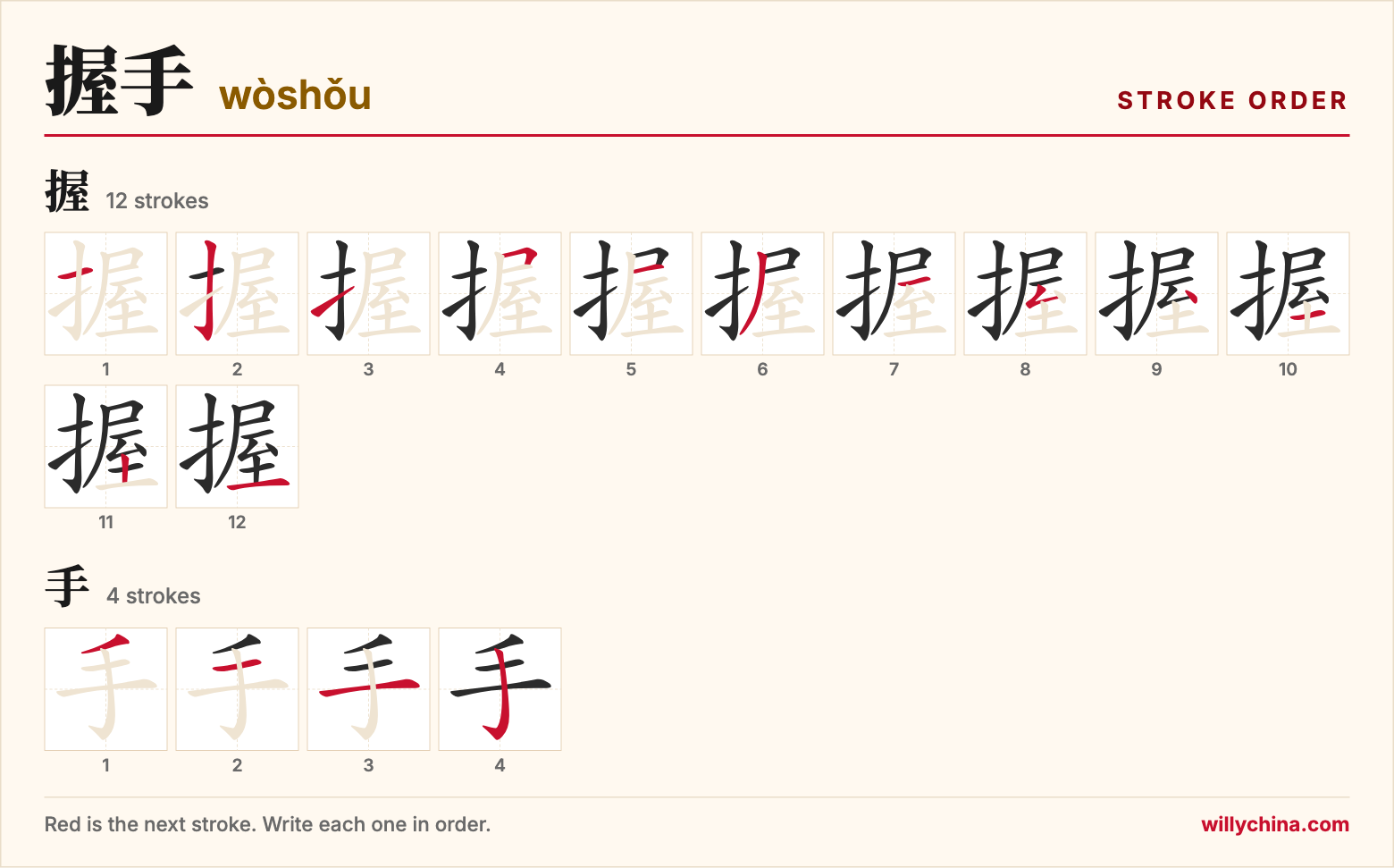 握手 (wòshǒu) stroke order chart: each stroke of the characters in the order you write them
