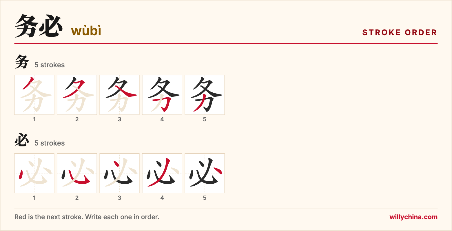务必 (wùbì) stroke order chart: each stroke of the characters in the order you write them