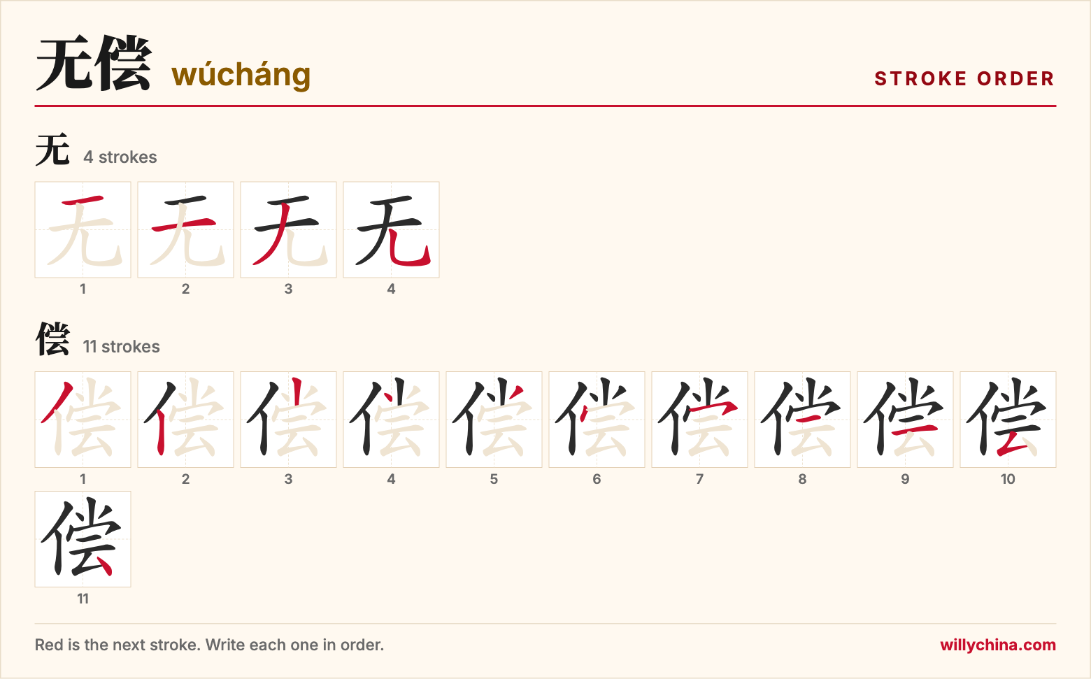 无偿 (wúcháng) stroke order chart: each stroke of the characters in the order you write them