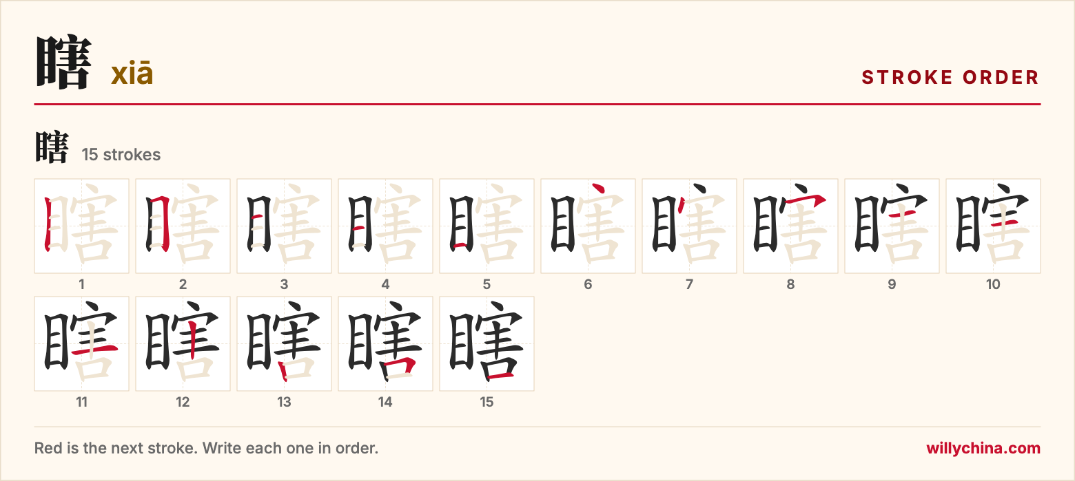 瞎 (xiā) stroke order chart: each stroke of the character in the order you write it