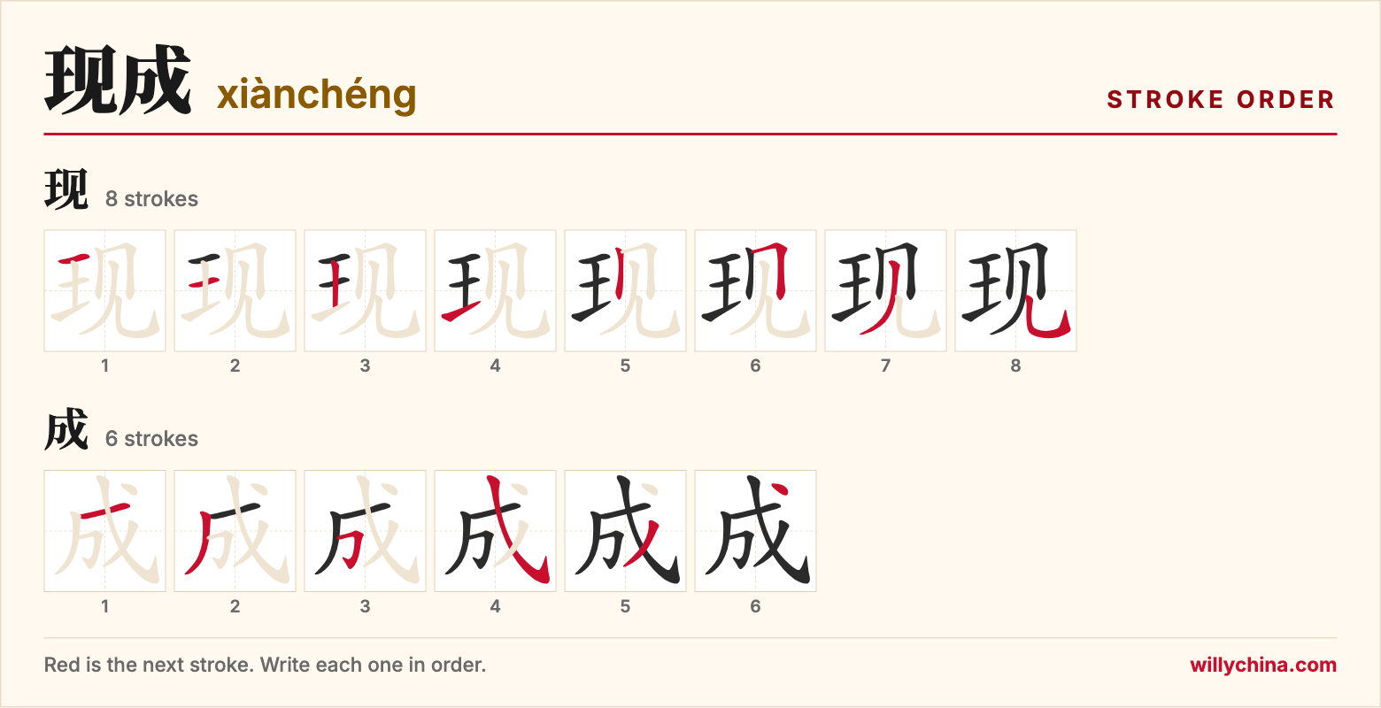 现成 (xiànchéng) stroke order chart: each stroke of the characters in the order you write them