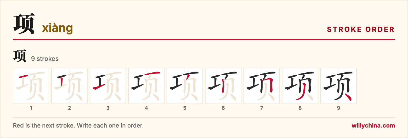 项 (xiàng) stroke order chart: each stroke of the character in the order you write it
