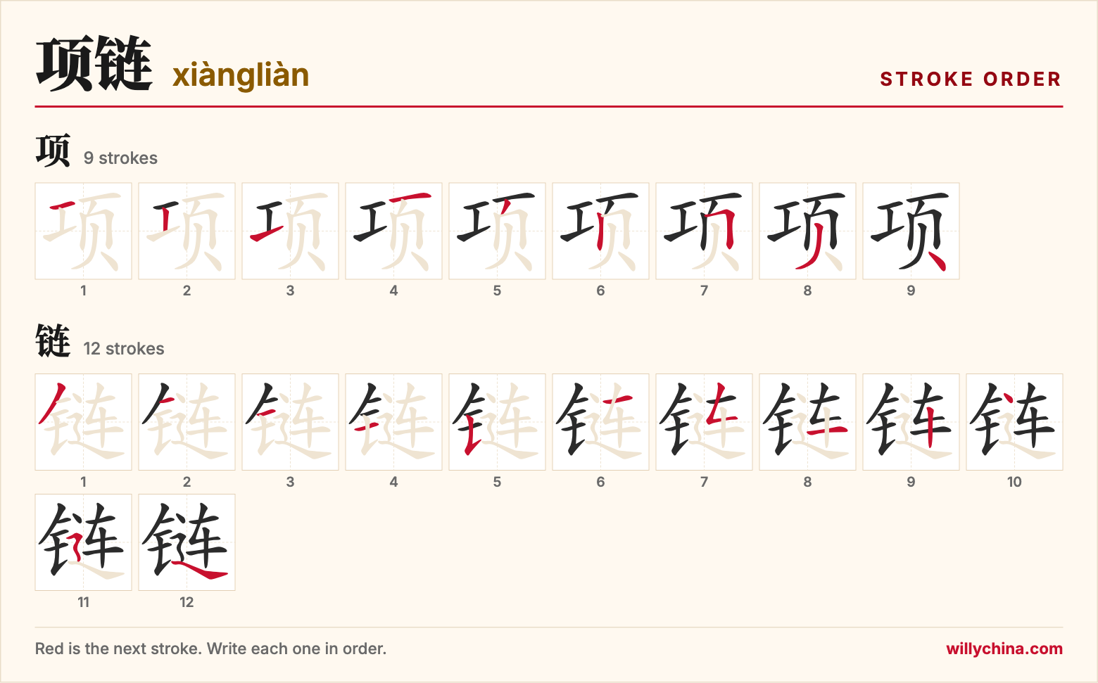 项链 (xiàngliàn) stroke order chart: each stroke of the characters in the order you write them