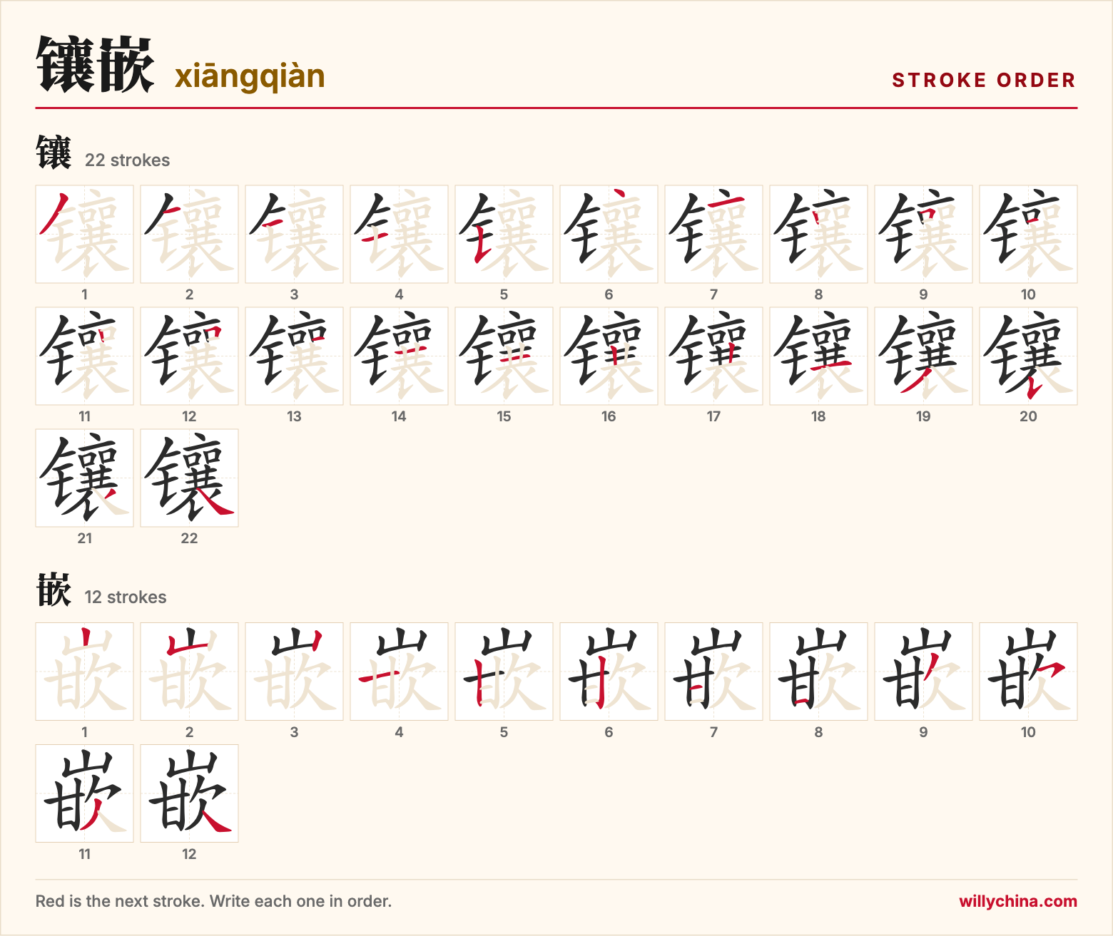 镶嵌 (xiāngqiàn) stroke order chart: each stroke of the characters in the order you write them