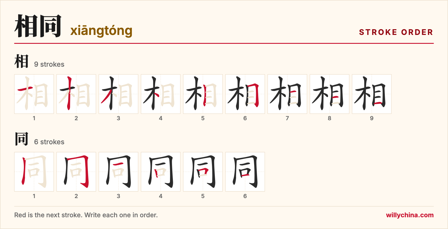 相同 (xiāngtóng) stroke order chart: each stroke of the characters in the order you write them